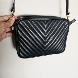 Quince Black Leather Chevron Quilted  Crossbody Bag